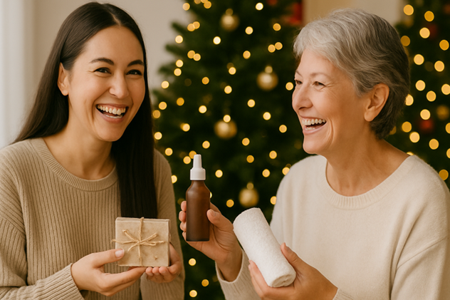 a woman and her mother gifting each other with skin care